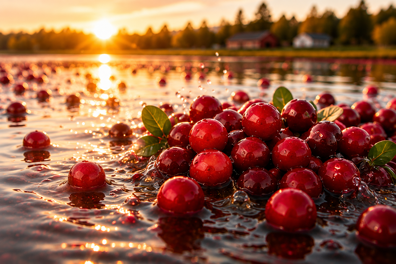 Fresh red cranberries floating in golden water